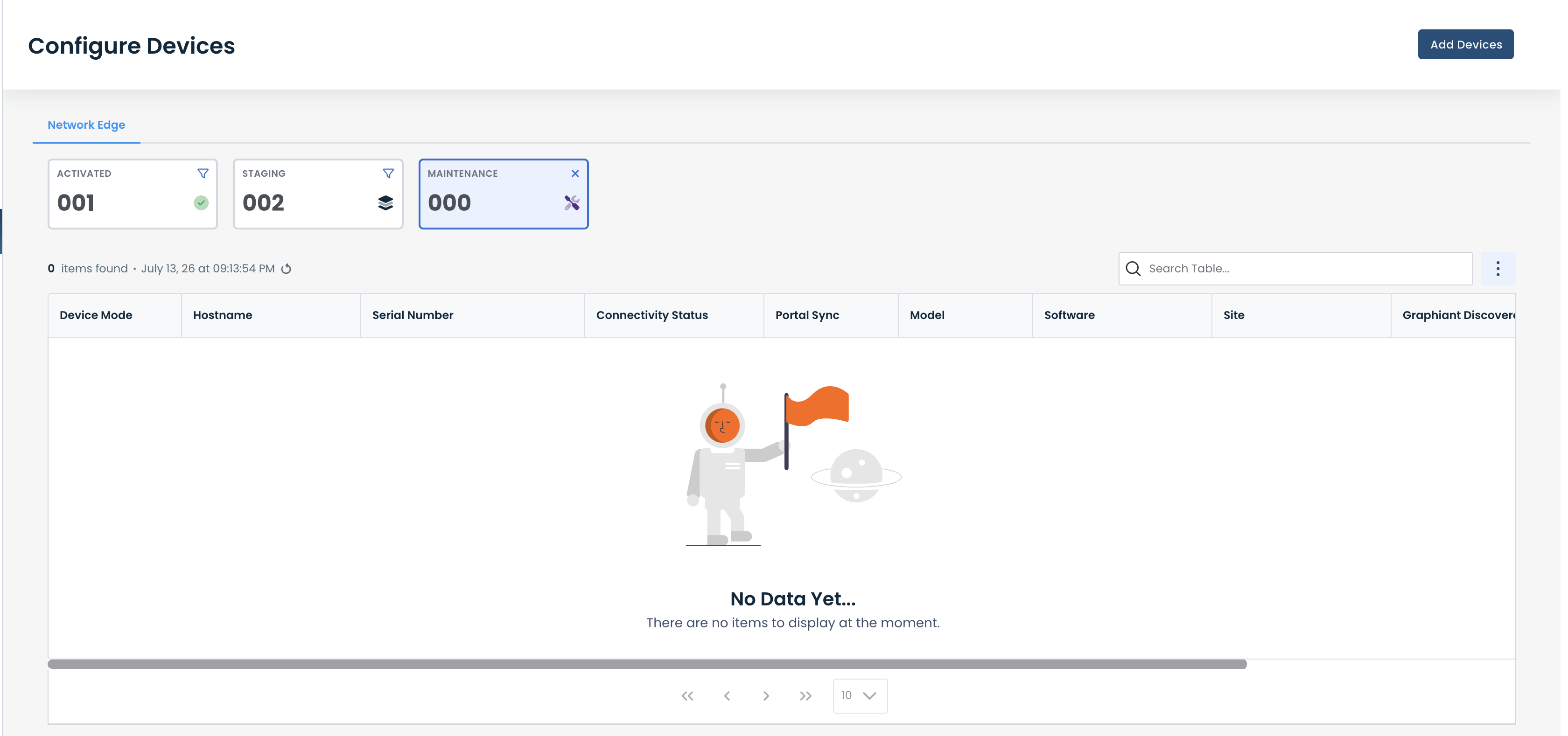 Device configuration interface showing no data available for network devices.